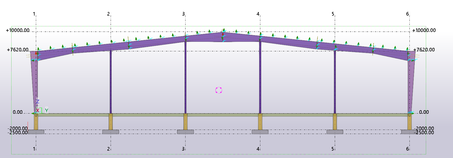 Elevation of a multi-span portal frame for an oil plant PEB